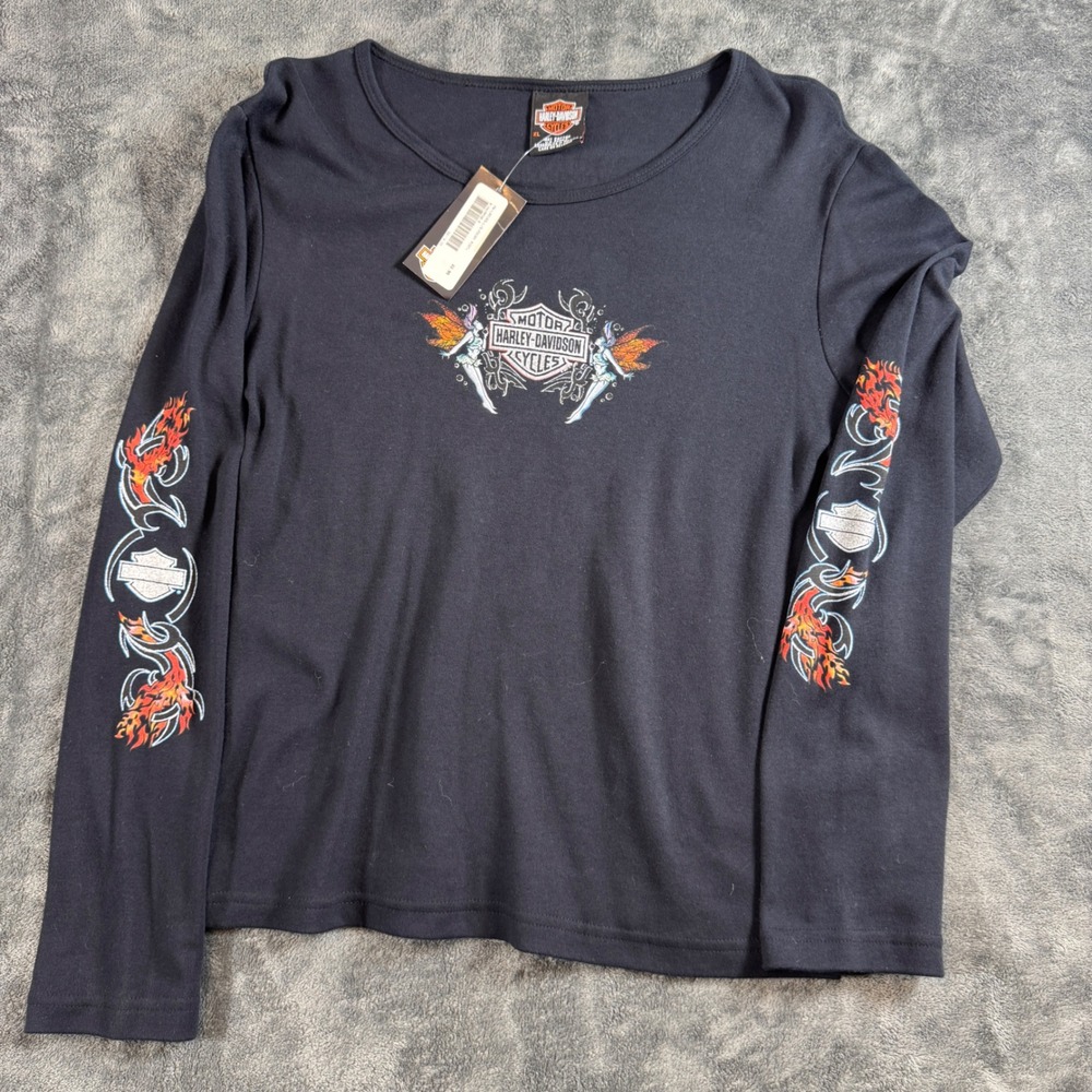 Harley-Davidson Womens XL Black Fairy Mist Graphic Long Sleeve Tee Flames PA